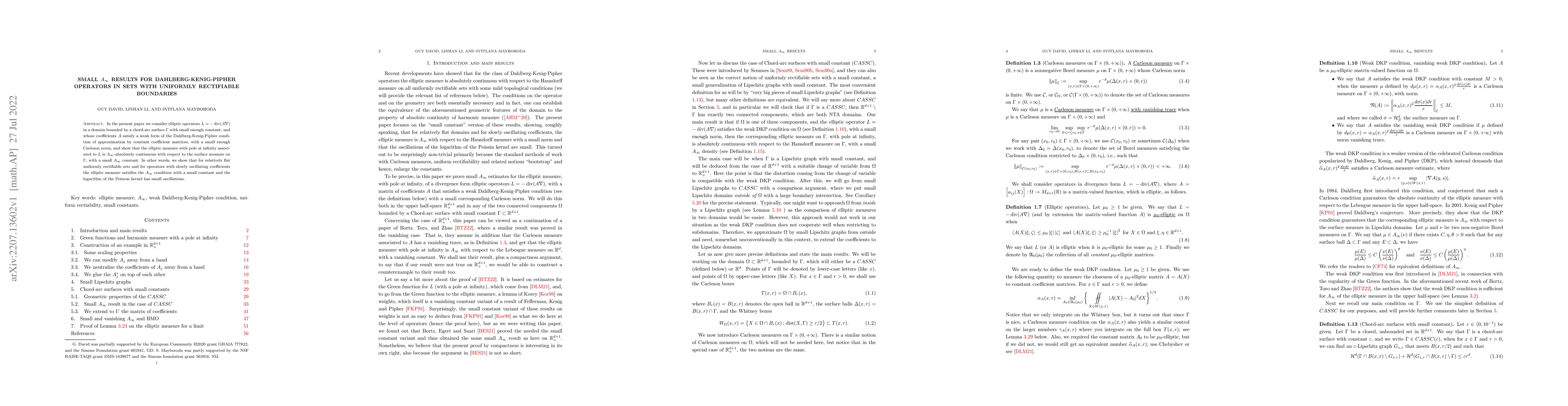Thumbnail for Small $A_\infty$ results for Dahlberg-Kenig-Pipher operators in sets
  with uniformly rectifiable boundaries