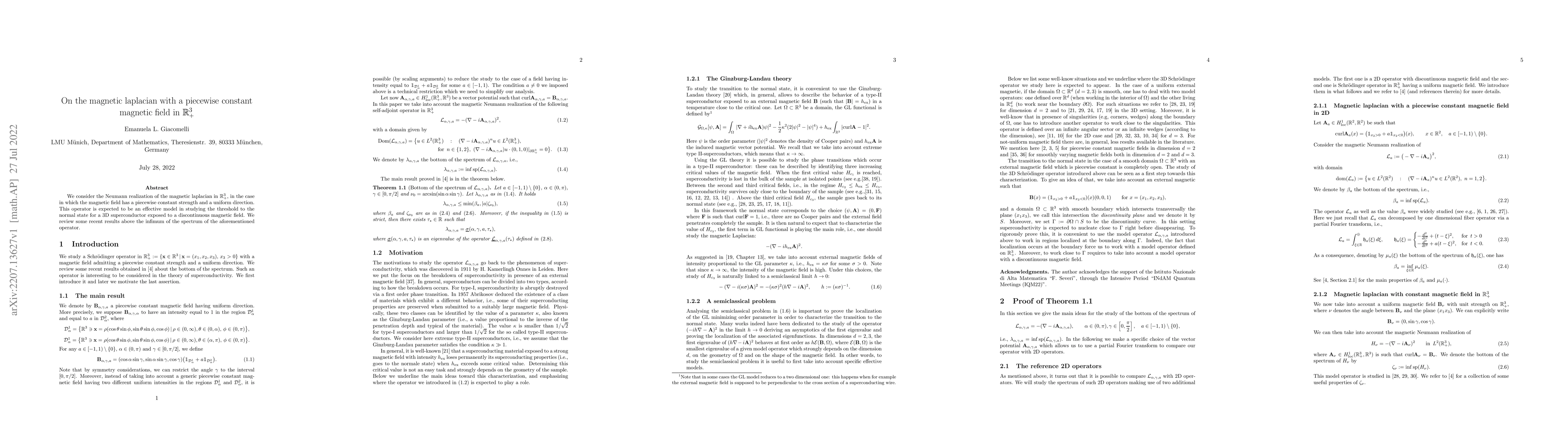 Thumbnail for On the magnetic laplacian with a piecewise constant magnetic field in
  $\mathbb{R}^3_+$