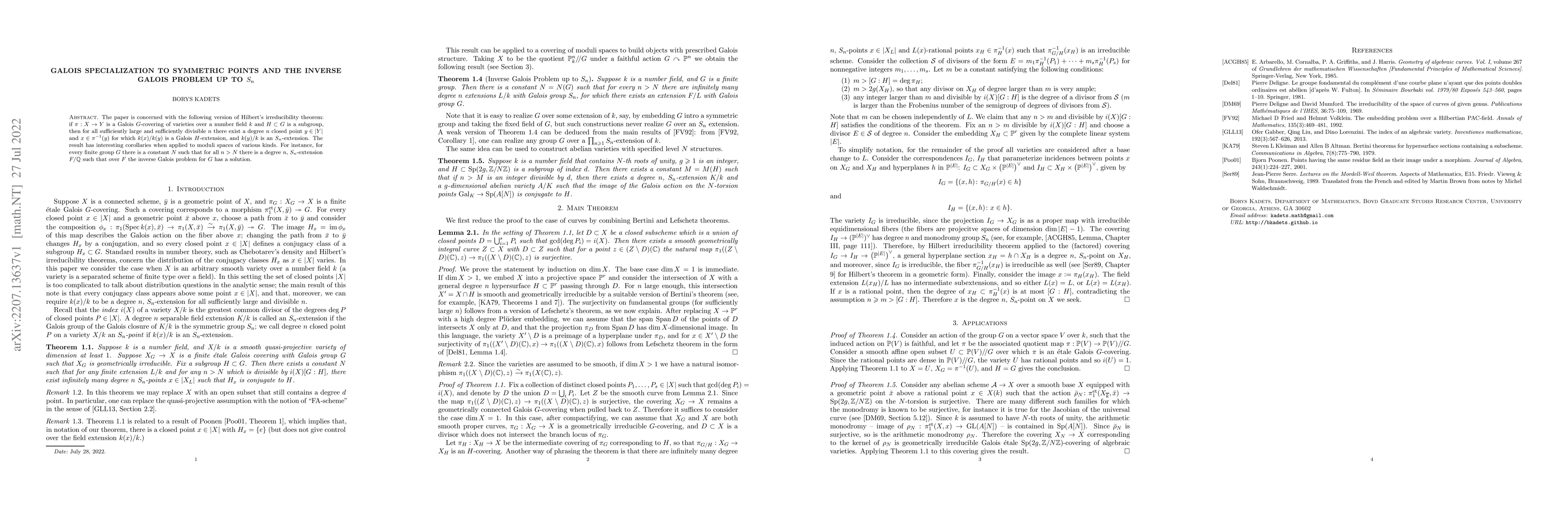 Thumbnail for Galois specialization to symmetric points and the inverse Galois problem
  up to $S_n$