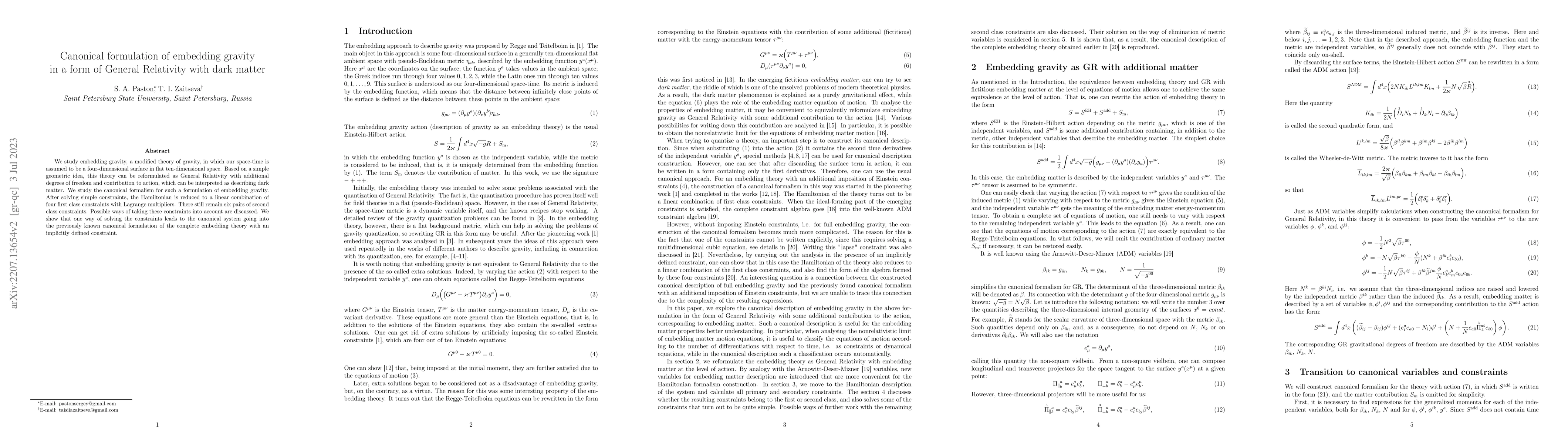 Thumbnail for Canonical formulation of embedding gravity in a form of General
  Relativity with dark matter