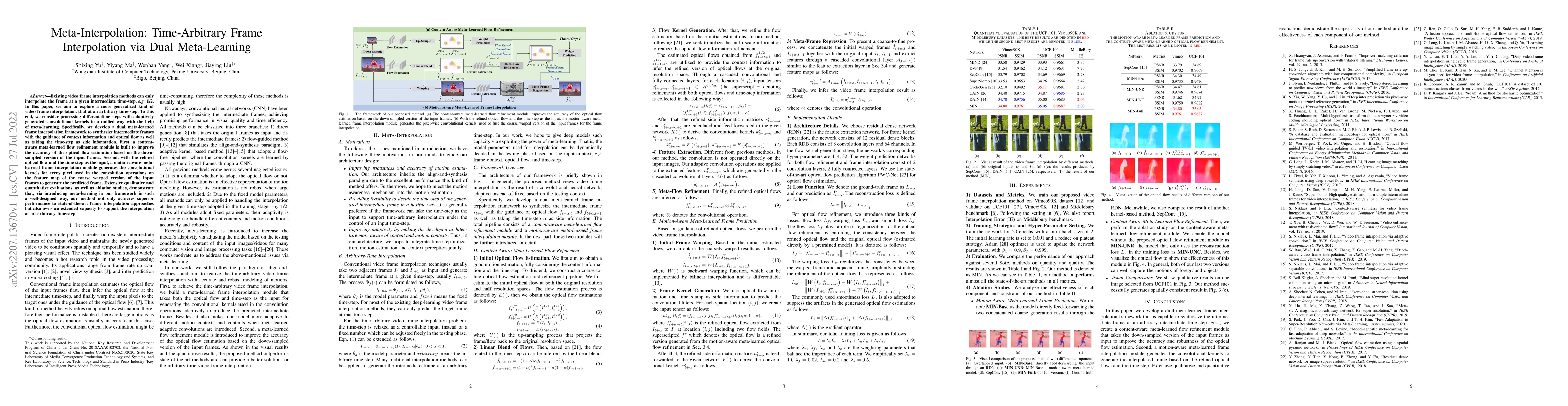 Thumbnail for Meta-Interpolation: Time-Arbitrary Frame Interpolation via Dual
  Meta-Learning