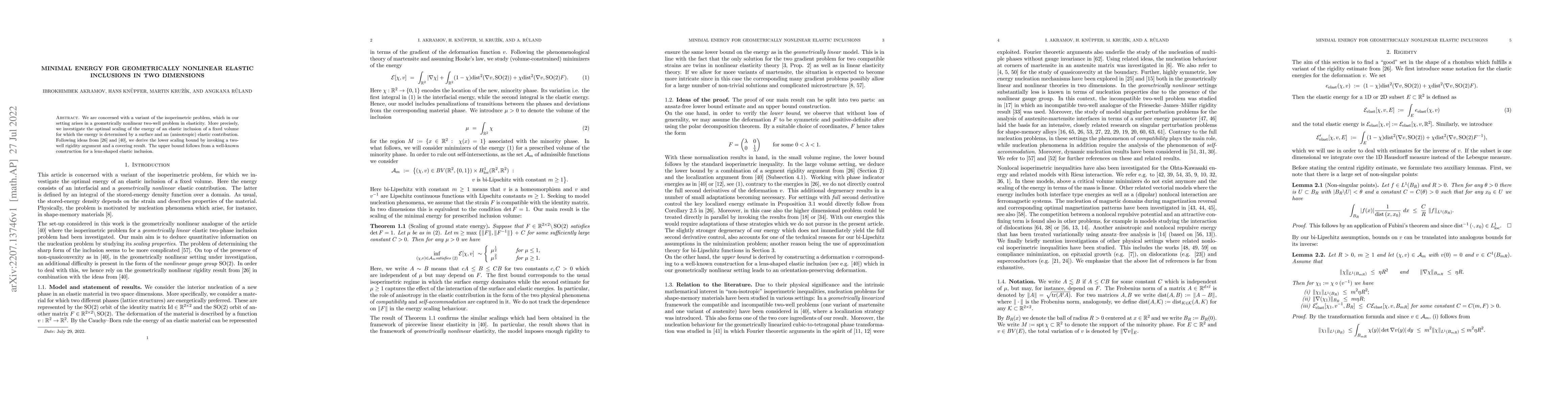 Thumbnail for Minimal Energy for Geometrically Nonlinear Elastic Inclusions in Two
  Dimensions