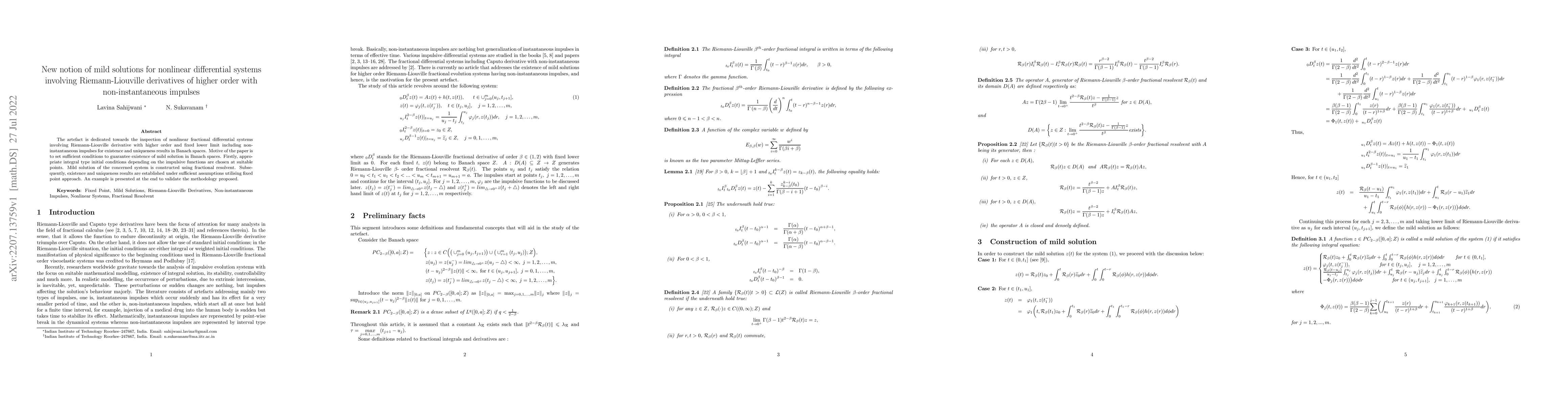 Thumbnail for New notion of mild solutions for nonlinear differential systems
  involving Riemann-Liouville derivatives of higher order with
  non-instantaneous impulses