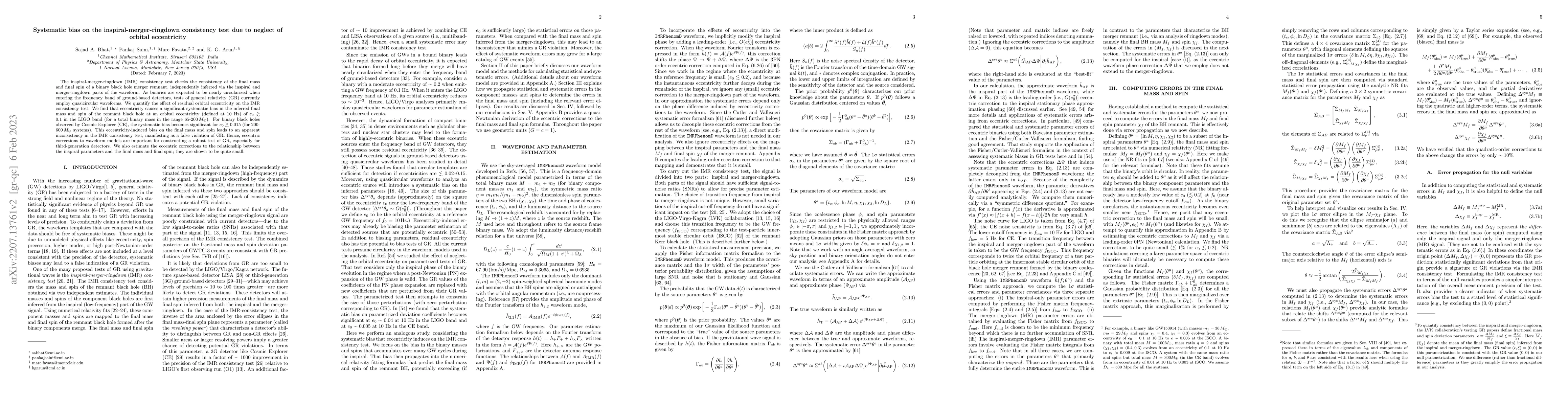 Thumbnail for Systematic bias on the inspiral-merger-ringdown consistency test due to
  neglect of orbital eccentricity