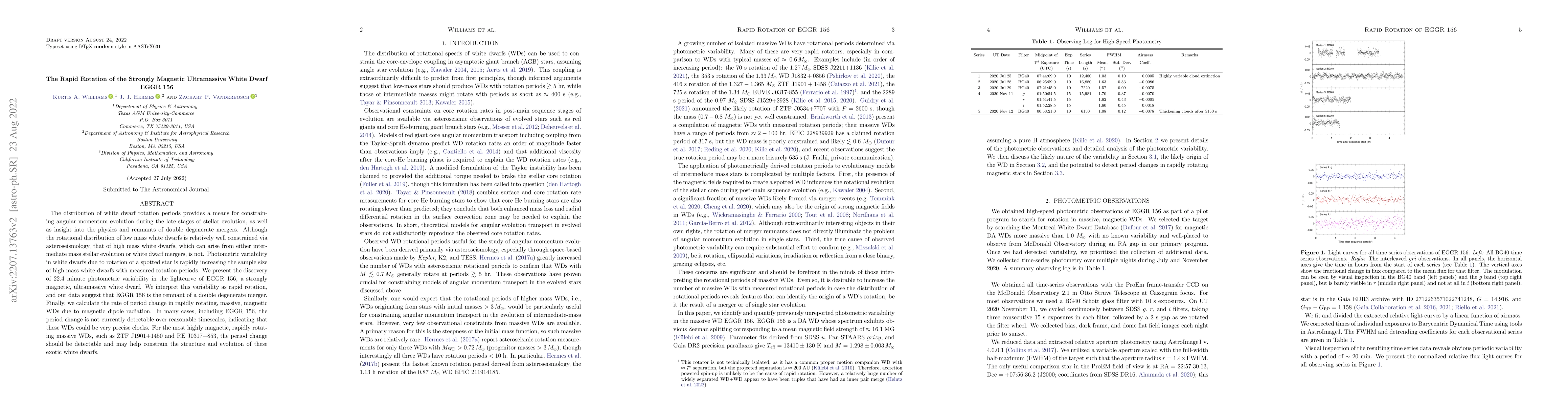 Thumbnail for The Rapid Rotation of the Strongly Magnetic Ultramassive White Dwarf
  EGGR 156