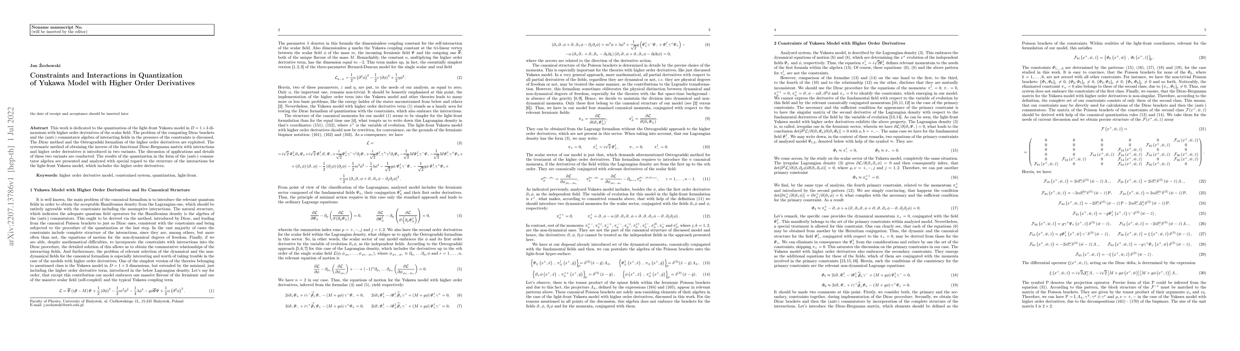 Thumbnail for Constraints and Interactions in Quantization of Yukawa Model with Higher
  Order Derivatives