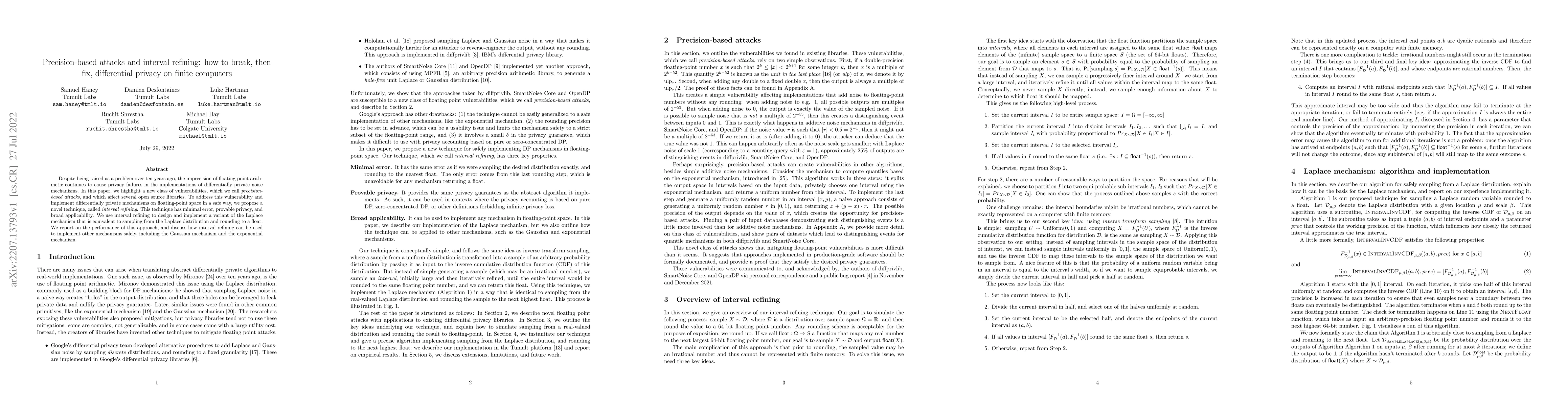 Thumbnail for Precision-based attacks and interval refining: how to break, then fix,
  differential privacy on finite computers