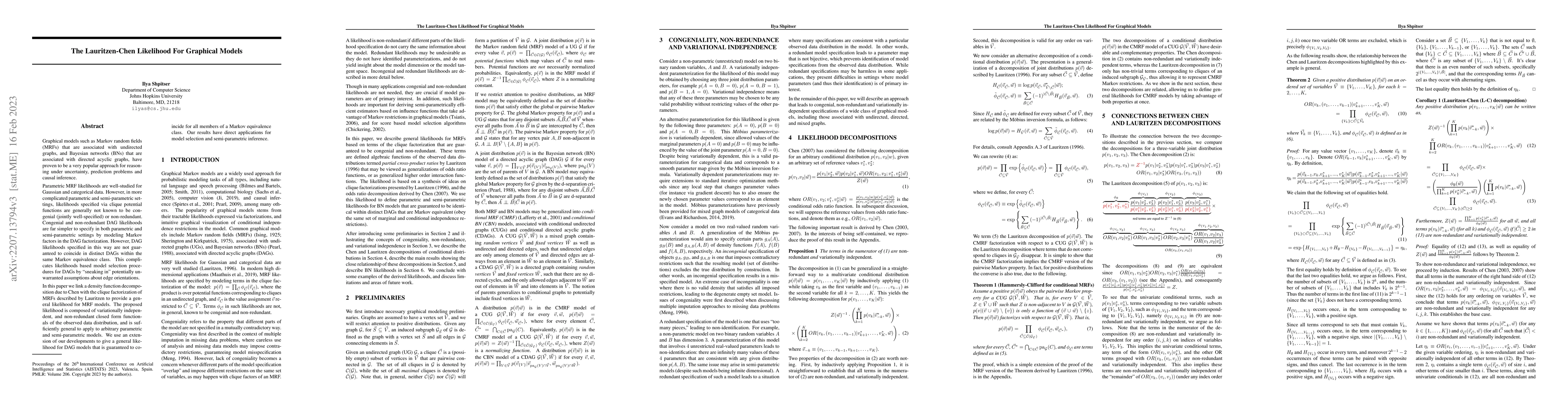 Thumbnail for The Lauritzen-Chen Likelihood For Graphical Models