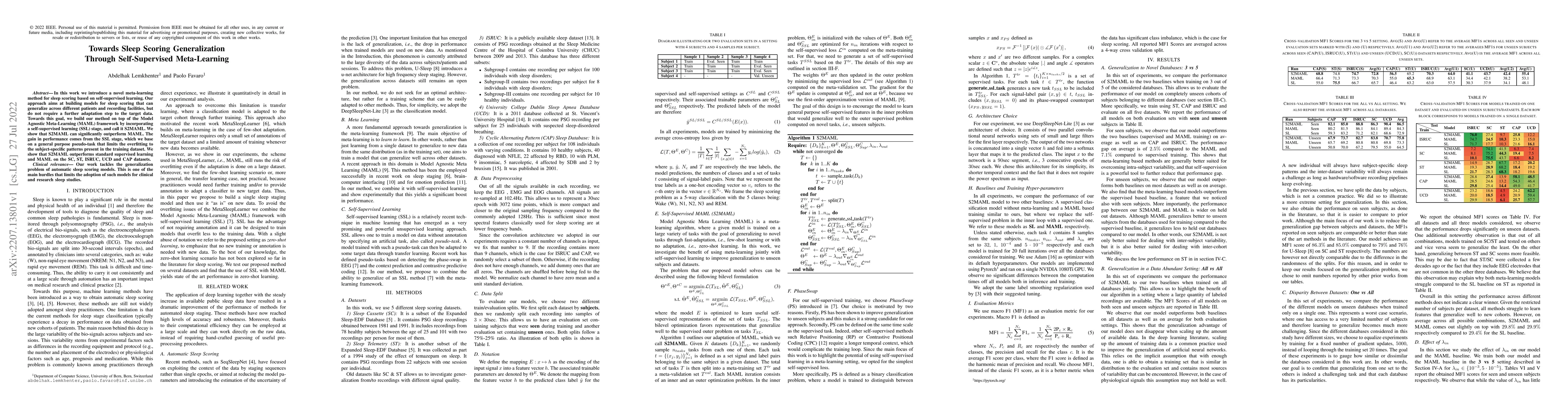 Thumbnail for Towards Sleep Scoring Generalization Through Self-Supervised
  Meta-Learning