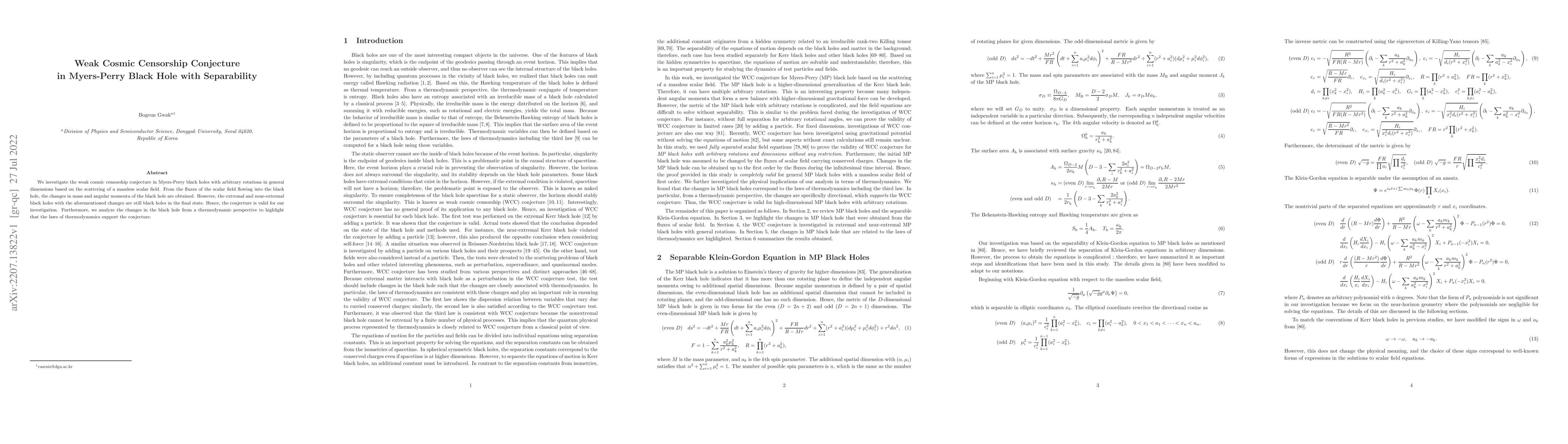 Thumbnail for Weak Cosmic Censorship Conjecture in Myers-Perry Black Hole with
  Separability