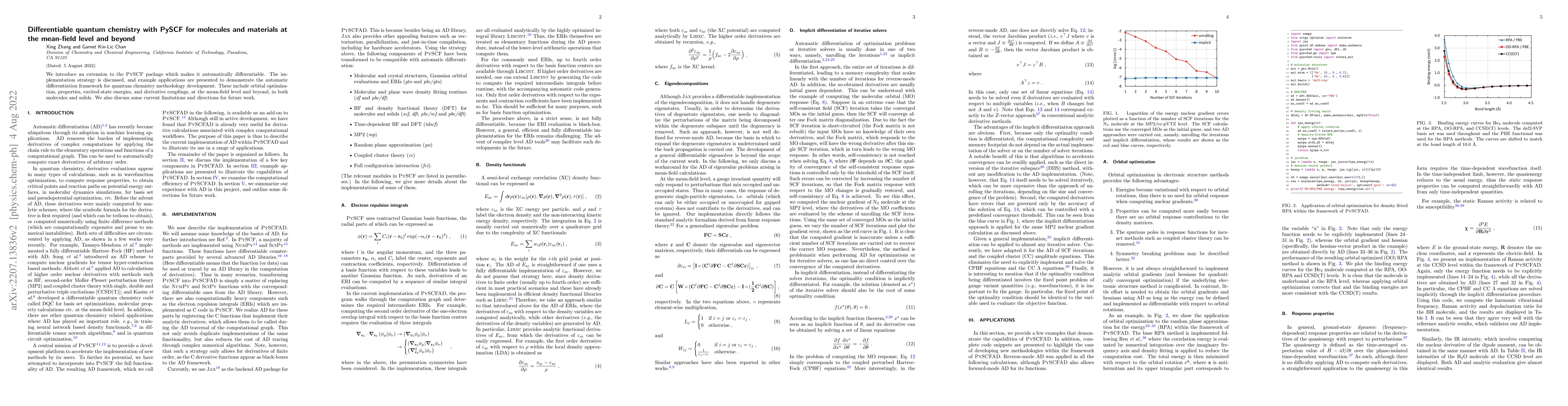 Thumbnail for Differentiable quantum chemistry with PySCF for molecules and materials
  at the mean-field level and beyond