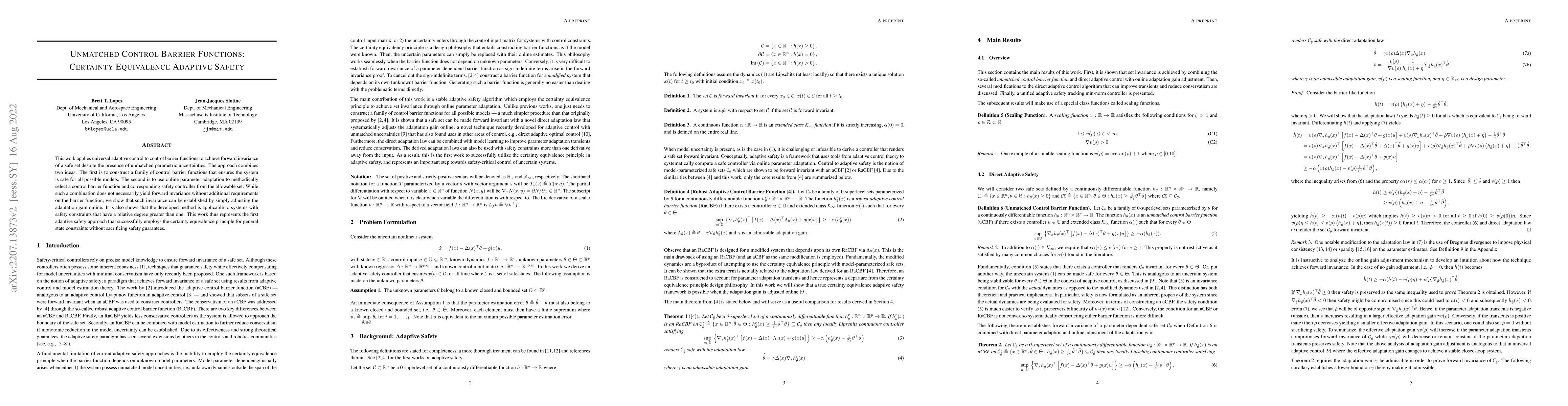 Thumbnail for Unmatched Control Barrier Functions: Certainty Equivalence Adaptive
  Safety