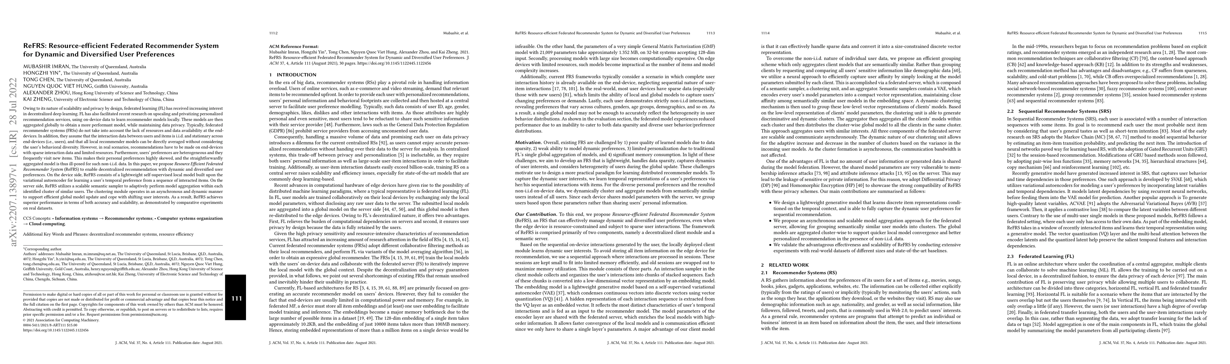 Thumbnail for ReFRS: Resource-efficient Federated Recommender System for Dynamic and
  Diversified User Preferences