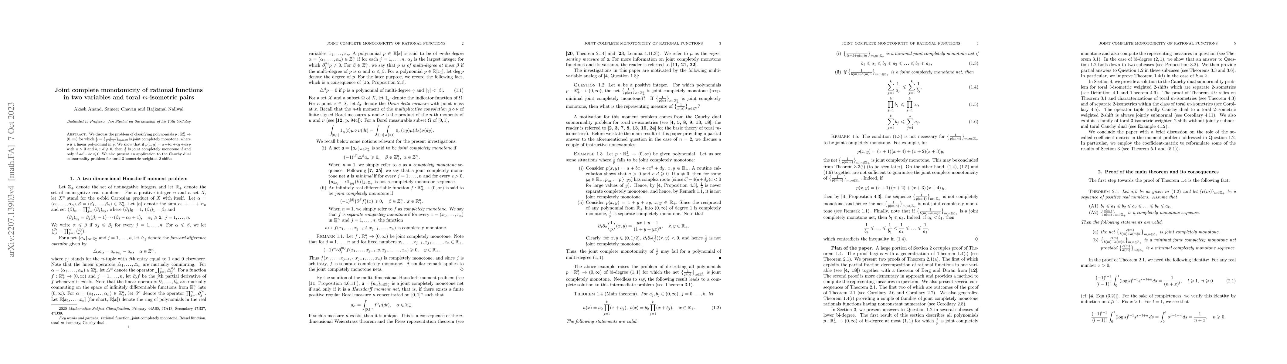 Thumbnail for Joint complete monotonicity of rational functions in two variables and
  toral $m$-isometric pairs