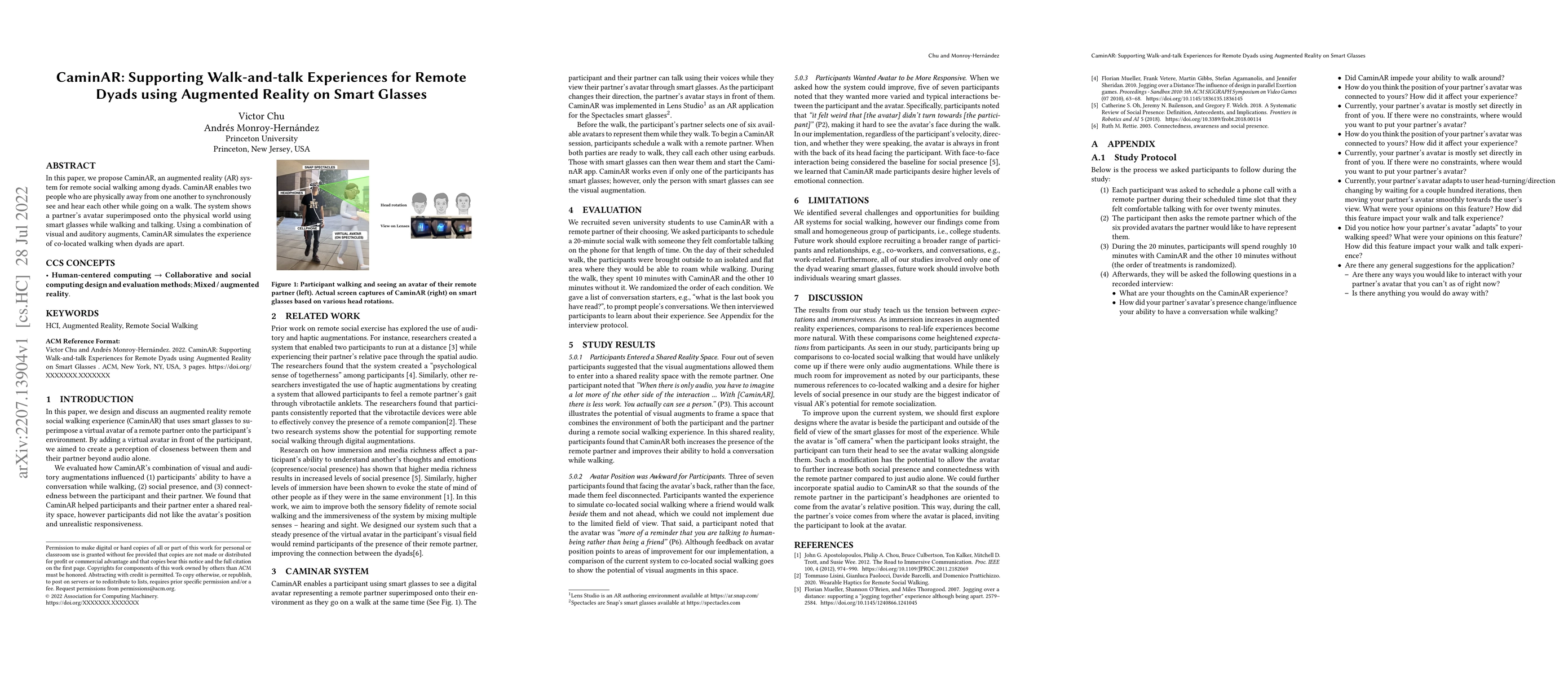 Thumbnail for CaminAR: Supporting Walk-and-talk Experiences for Remote Dyads using
  Augmented Reality on Smart Glasses