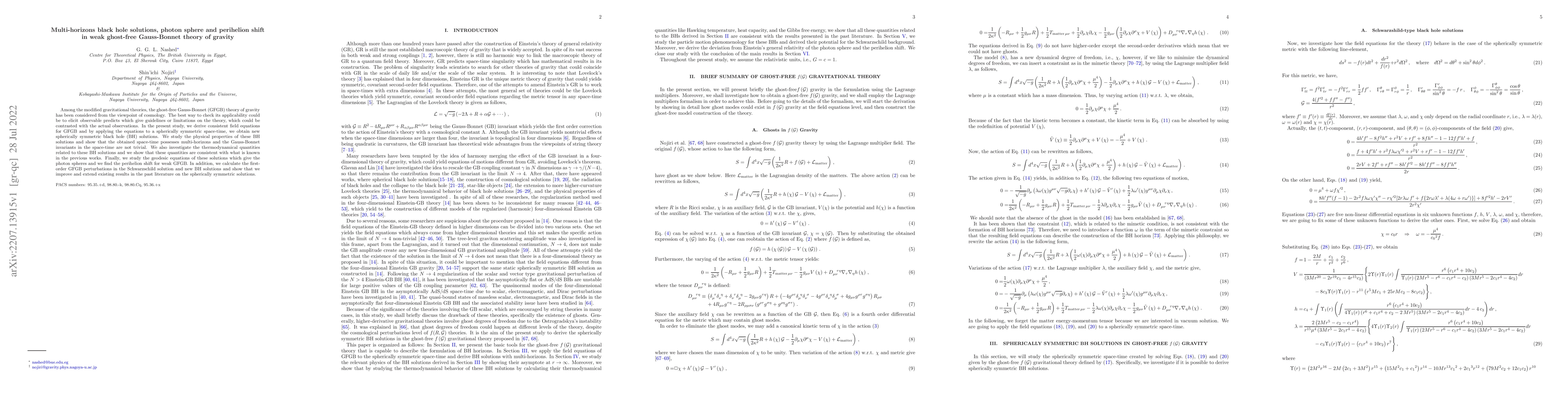 Thumbnail for Multi-horizons black hole solutions, photon sphere and perihelion shift
  in weak ghost-free Gauss-Bonnet theory of gravity