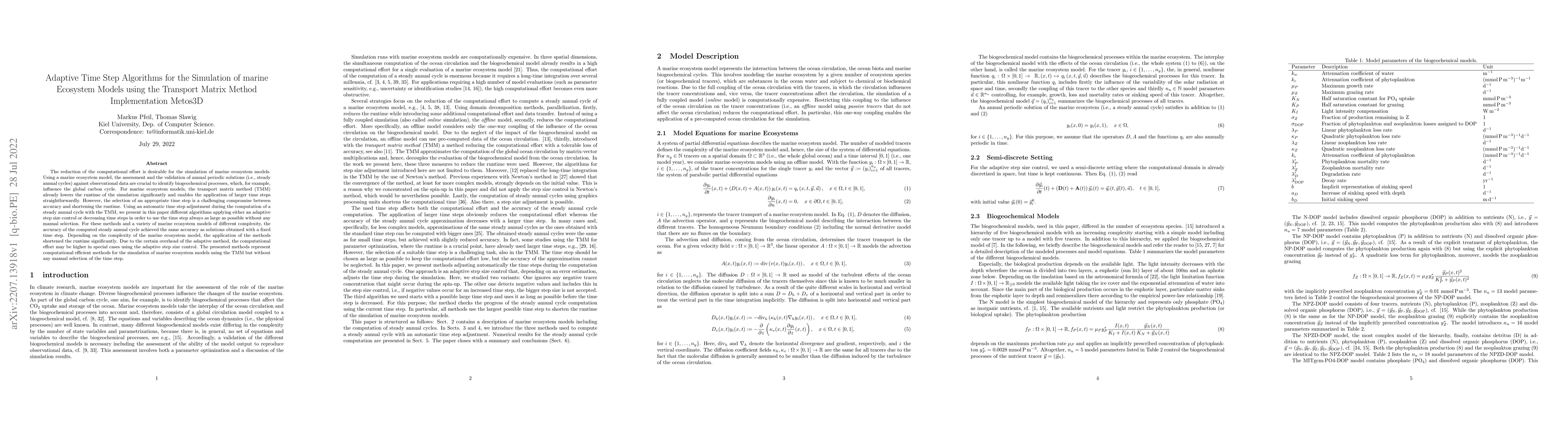 Thumbnail for Adaptive Time Step Algorithms for the Simulation of marine Ecosystem
  Models using the Transport Matrix Method Implementation Metos3D