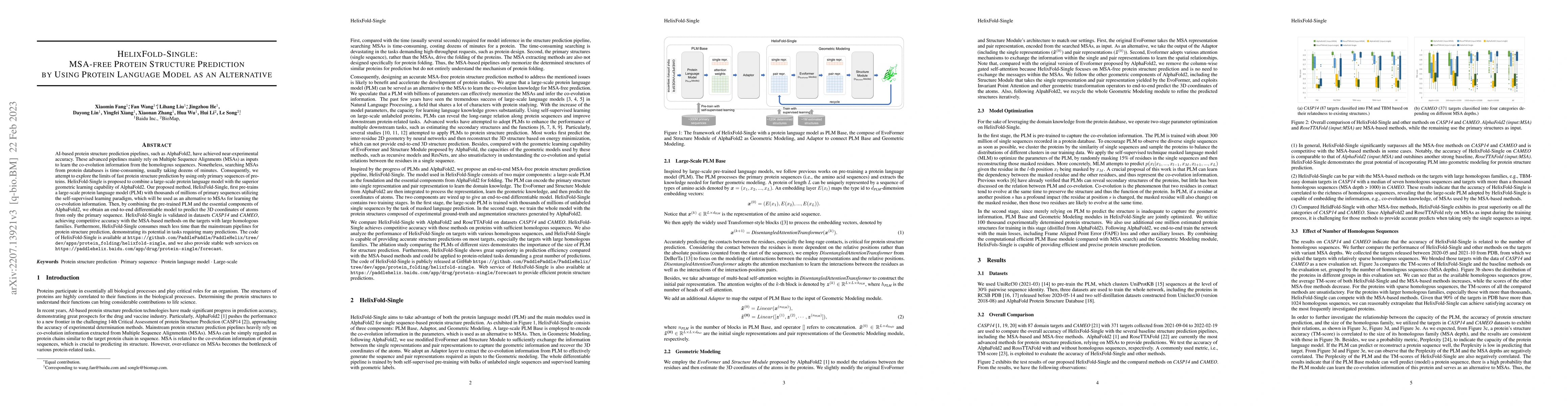 Thumbnail for HelixFold-Single: MSA-free Protein Structure Prediction by Using Protein
  Language Model as an Alternative