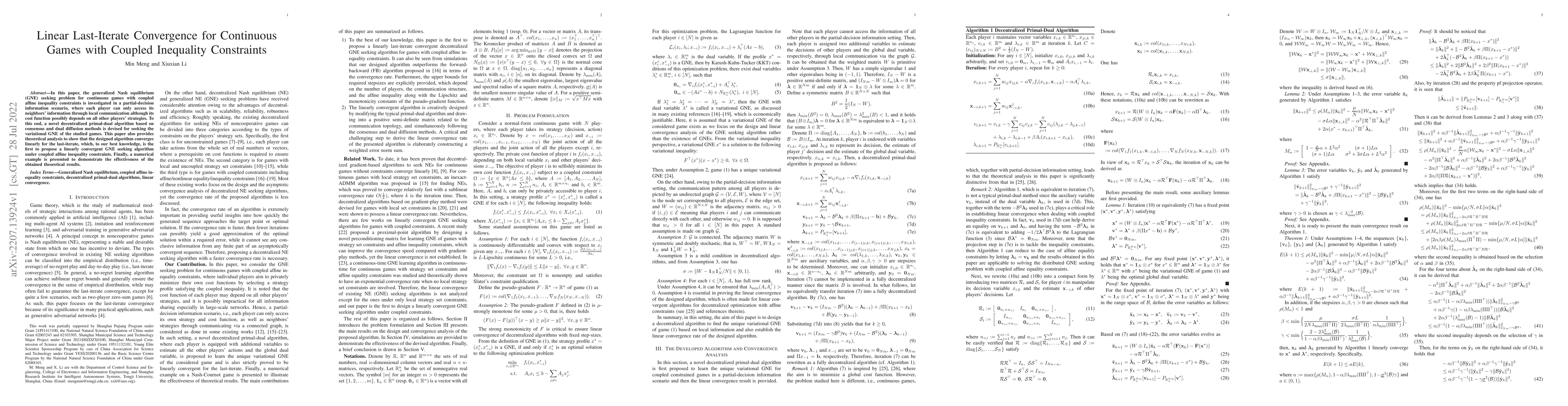 Thumbnail for Linear Last-Iterate Convergence for Continuous Games with Coupled
  Inequality Constraints