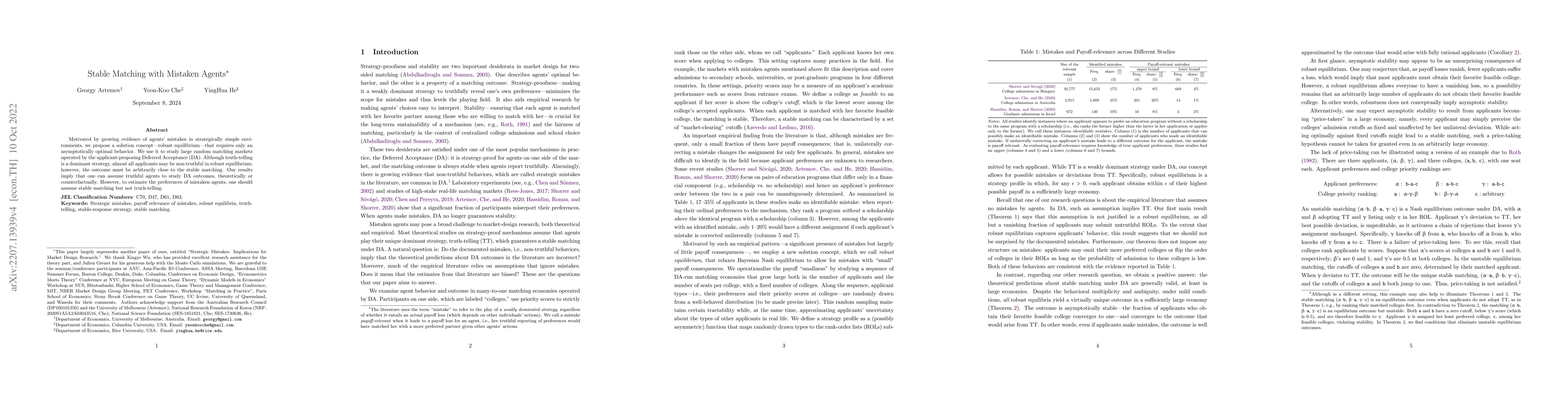 Thumbnail for Stable Matching with Mistaken Agents