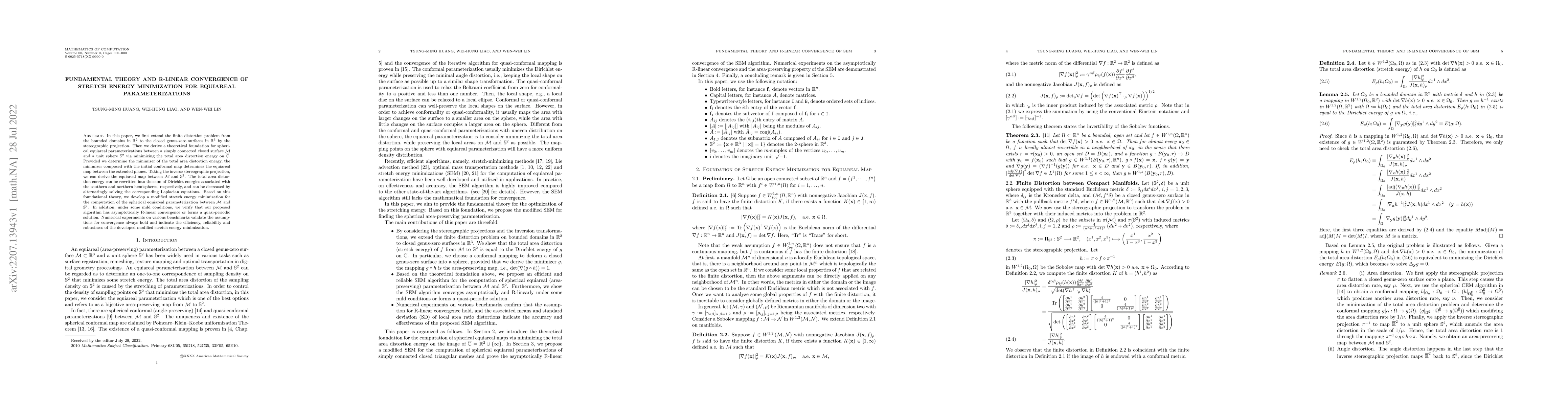 Thumbnail for Fundamental Theory and R-linear Convergence of Stretch Energy
  Minimization for Equiareal parameterizations