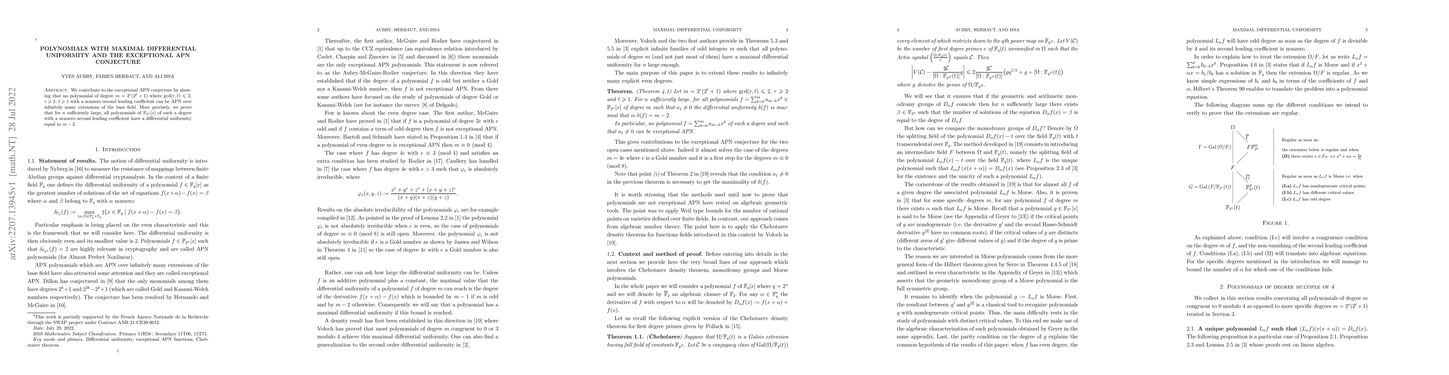 Thumbnail for Polynomials with maximal differential uniformity and the exceptional APN
  conjecture