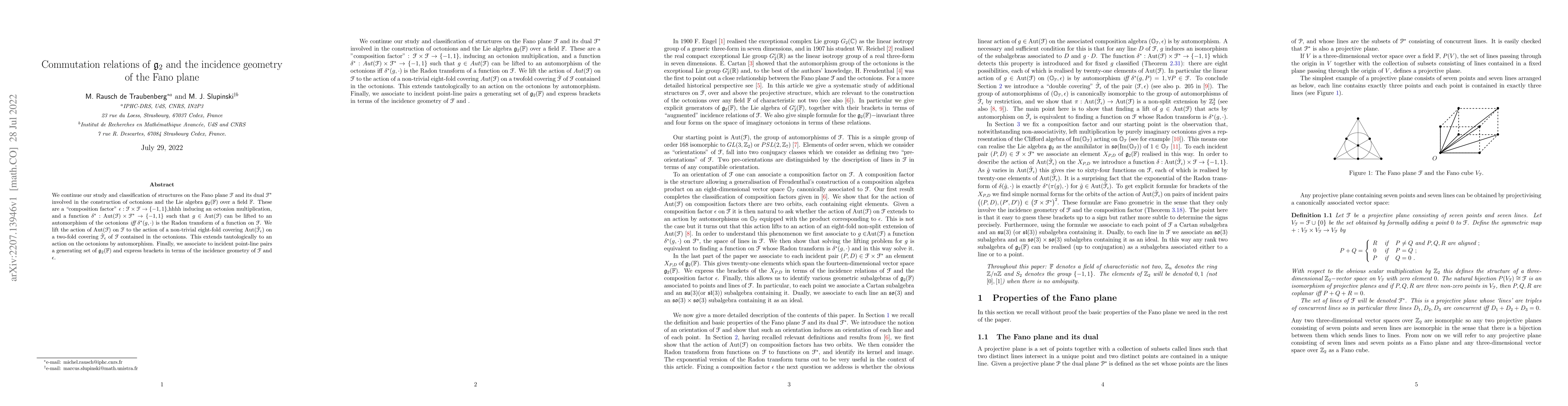 Thumbnail for Commutation relations of $\mathfrak g\_2$ and the incidence geometry of
  the Fano plane