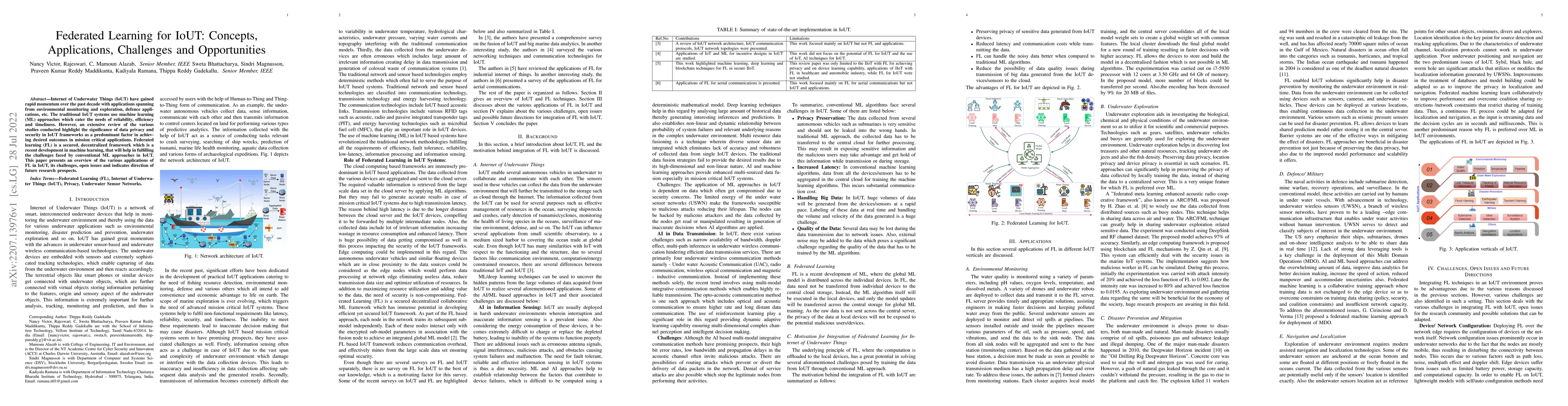 Thumbnail for Federated Learning for IoUT: Concepts, Applications, Challenges and
  Opportunities