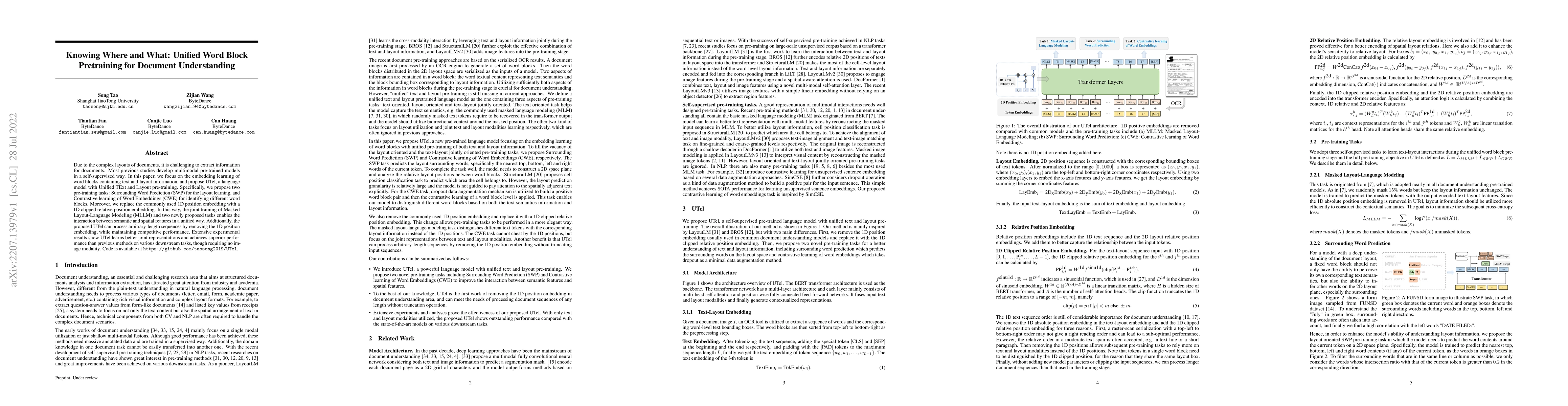 Thumbnail for Knowing Where and What: Unified Word Block Pretraining for Document
  Understanding