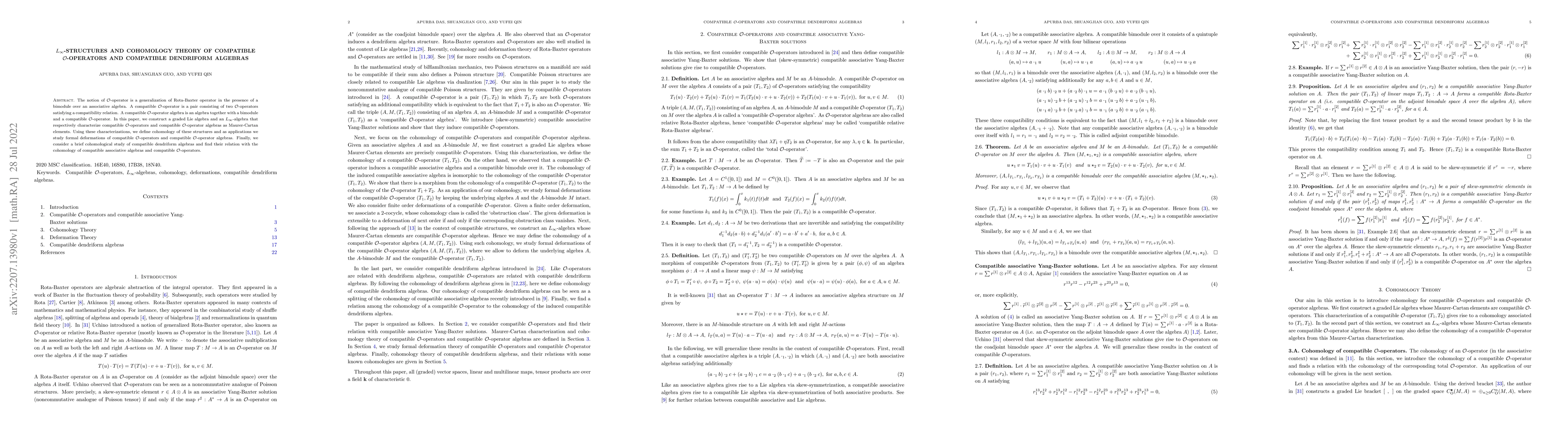 Thumbnail for $L_\infty$-structures and cohomology theory of compatible $\mathcal
  {O}$-operators and compatible dendriform algebras
