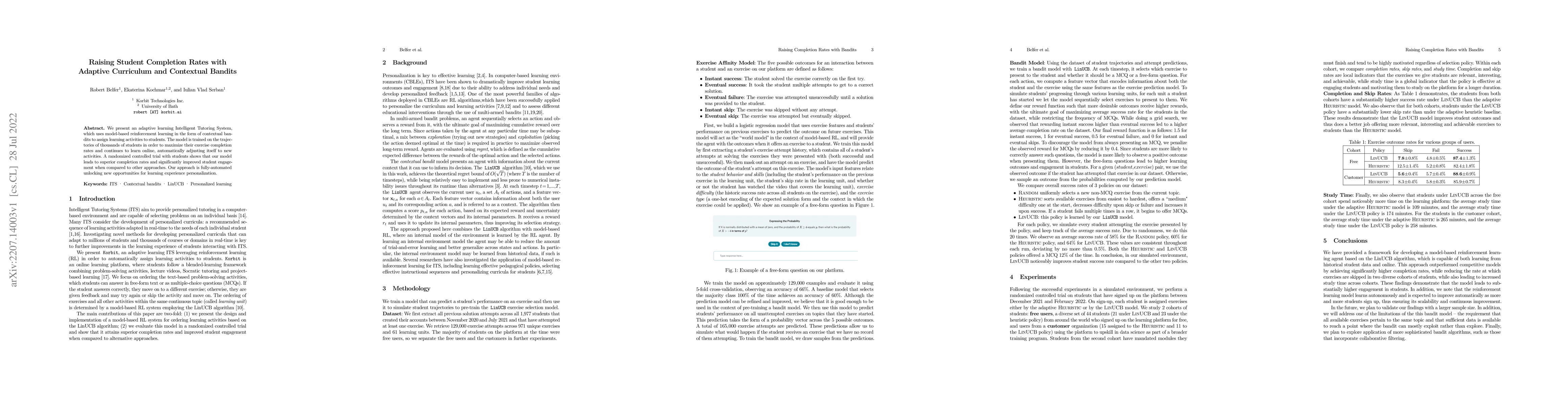 Thumbnail for Raising Student Completion Rates with Adaptive Curriculum and Contextual
  Bandits