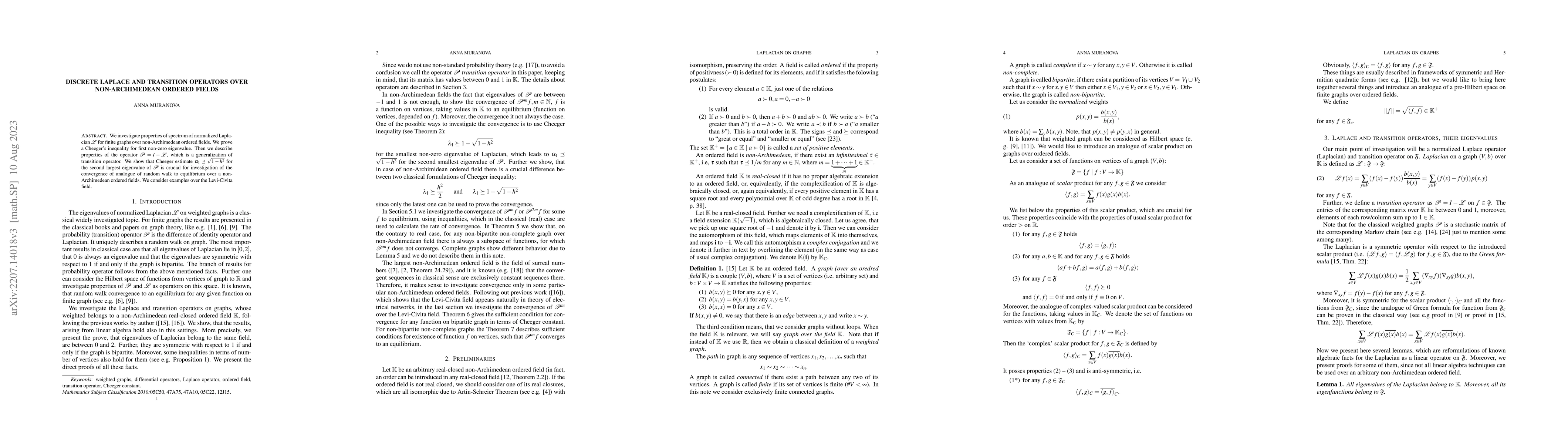 Thumbnail for Discrete Laplace and transition operators over non-Archimedean ordered
  fields