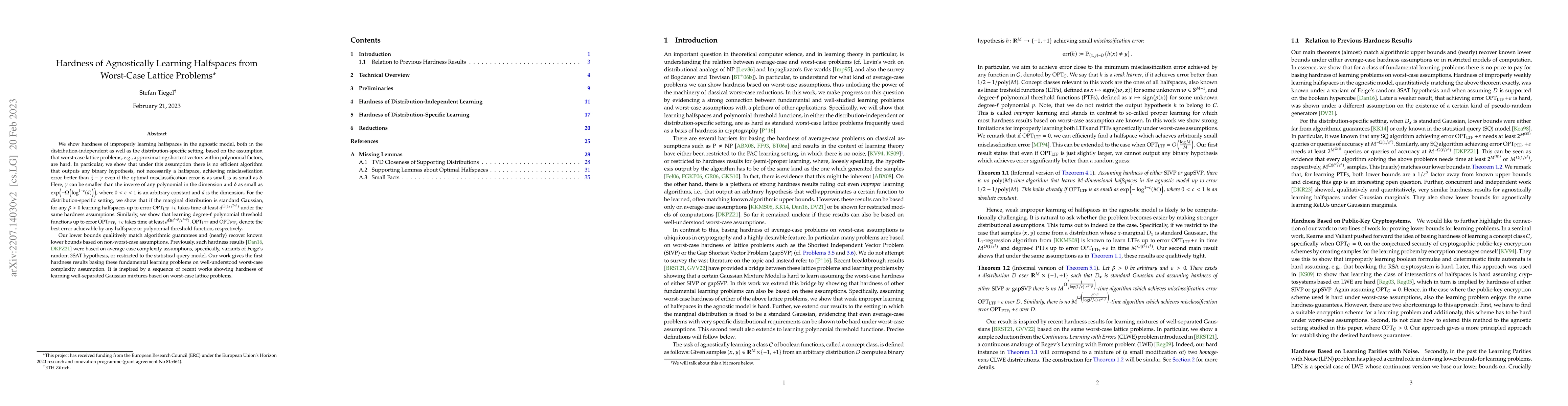 Thumbnail for Hardness of Agnostically Learning Halfspaces from Worst-Case Lattice
  Problems