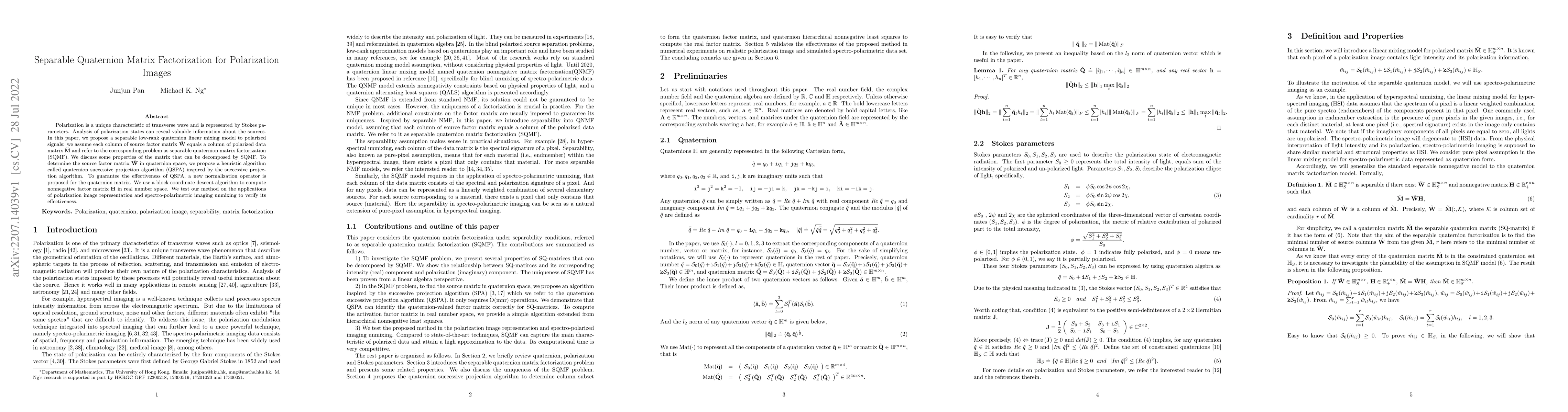 Thumbnail for Separable Quaternion Matrix Factorization for Polarization Images