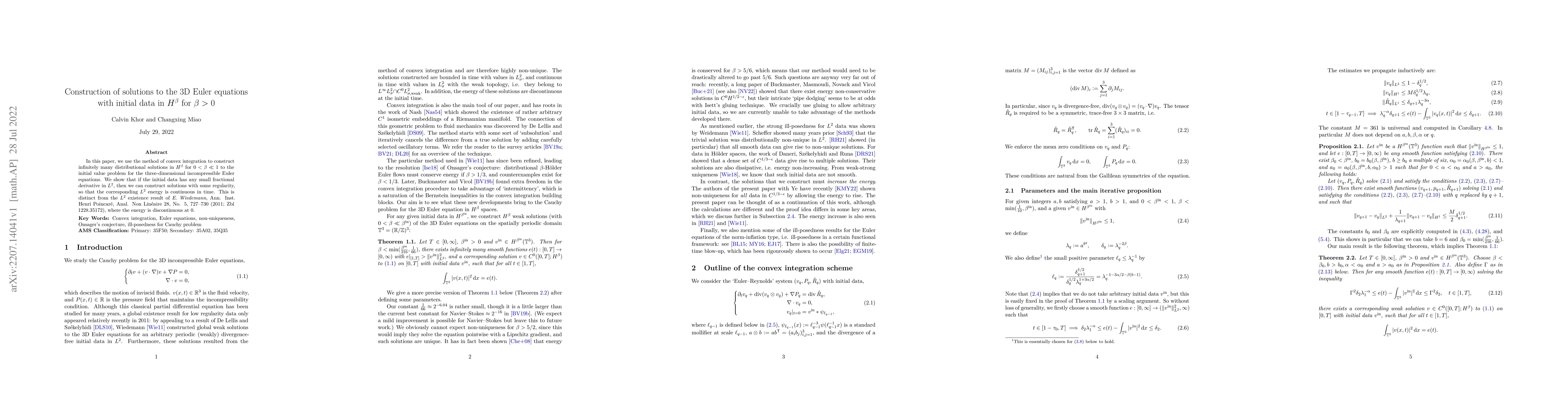 Thumbnail for Construction of solutions to the 3D Euler equations with initial data in
  $H^\beta$ for $\beta>0$