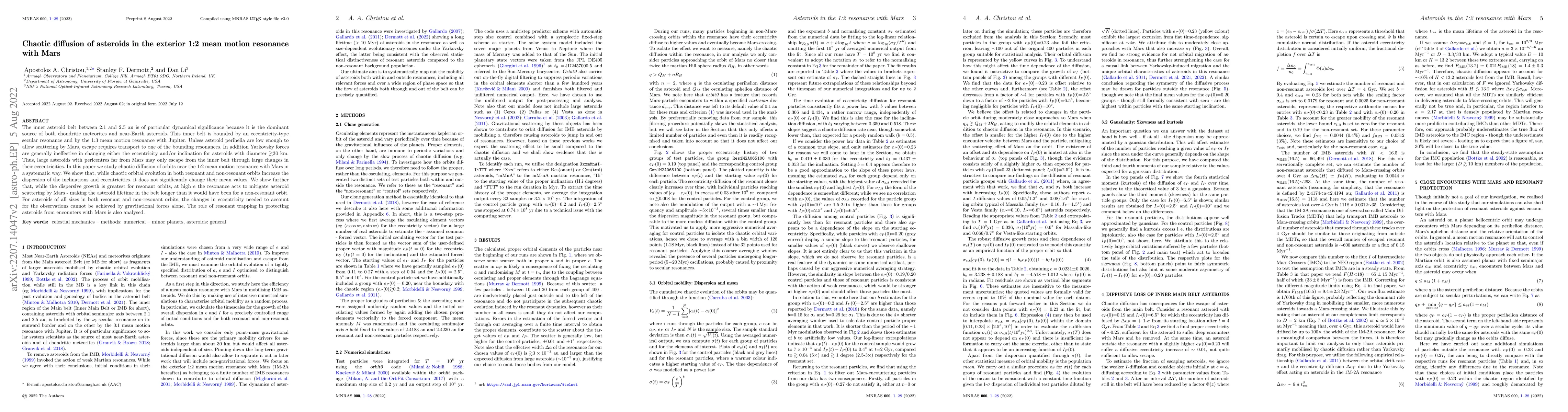 Thumbnail for Chaotic diffusion of asteroids in the exterior 1:2 mean motion resonance
  with Mars