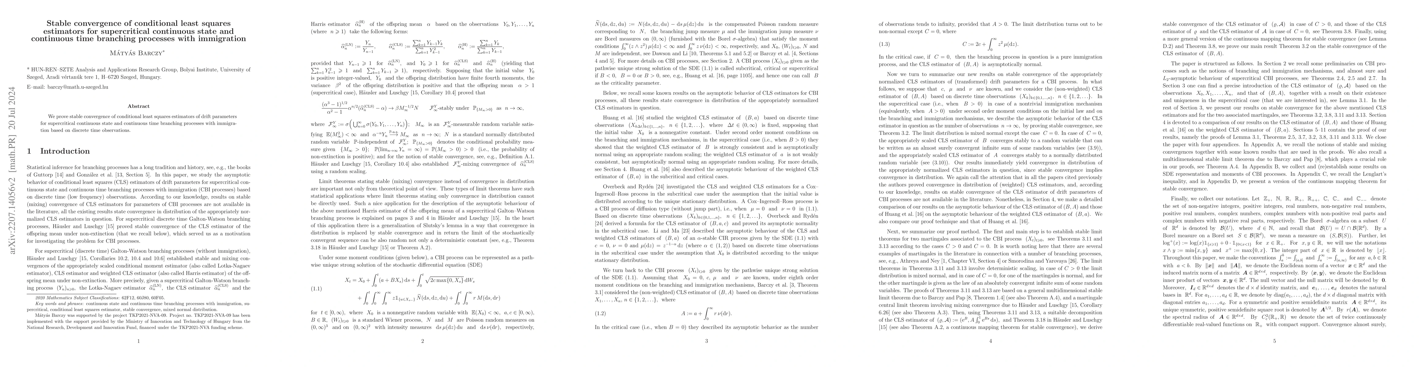 Thumbnail for Stable convergence of conditional least squares estimators for
  supercritical continuous state and continuous time branching processes with
  immigration