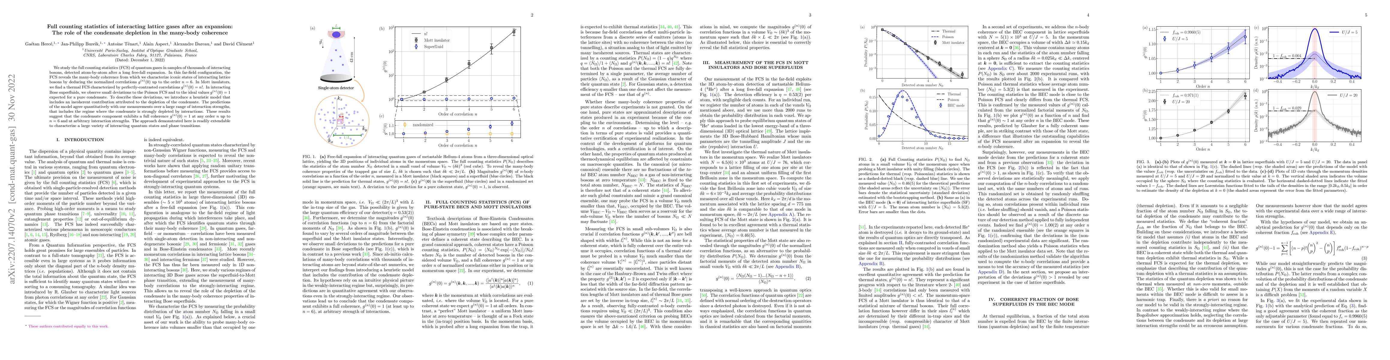 Thumbnail for Full counting statistics of interacting lattice gases after an
  expansion: The role of the condensate depletion in the many-body coherence