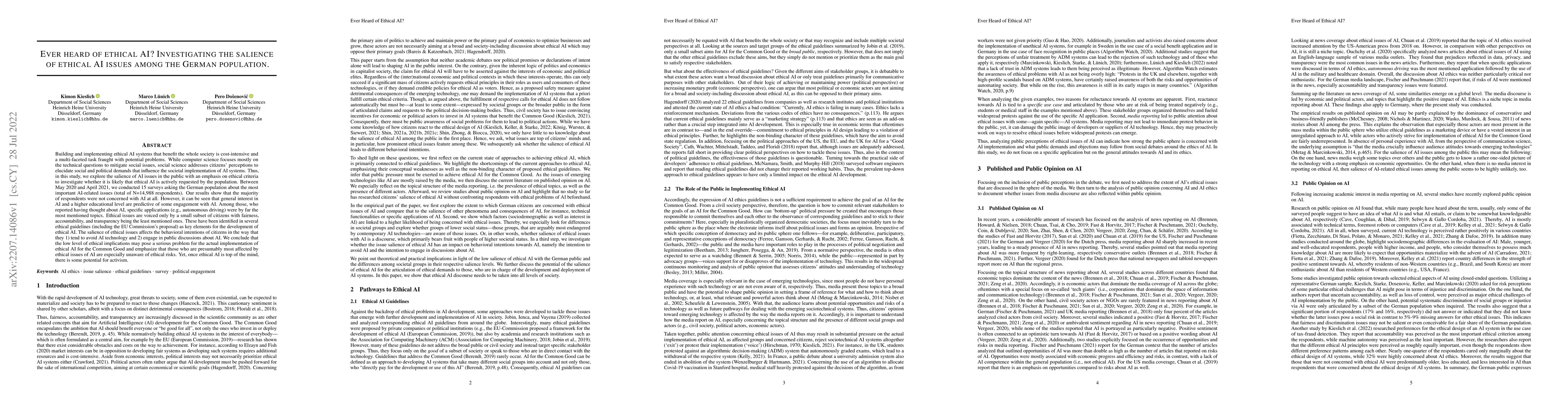 Thumbnail for Ever heard of ethical AI? Investigating the salience of ethical AI
  issues among the German population