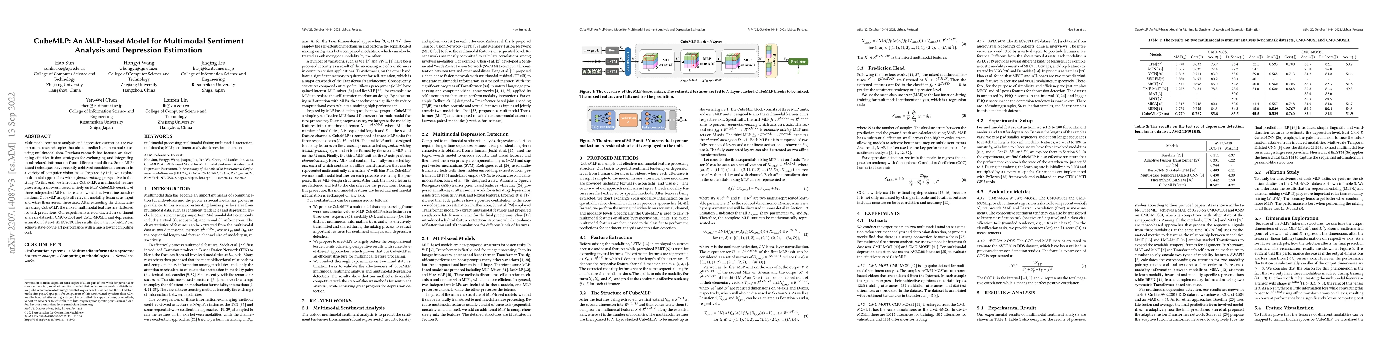 Thumbnail for CubeMLP: An MLP-based Model for Multimodal Sentiment Analysis and
  Depression Estimation