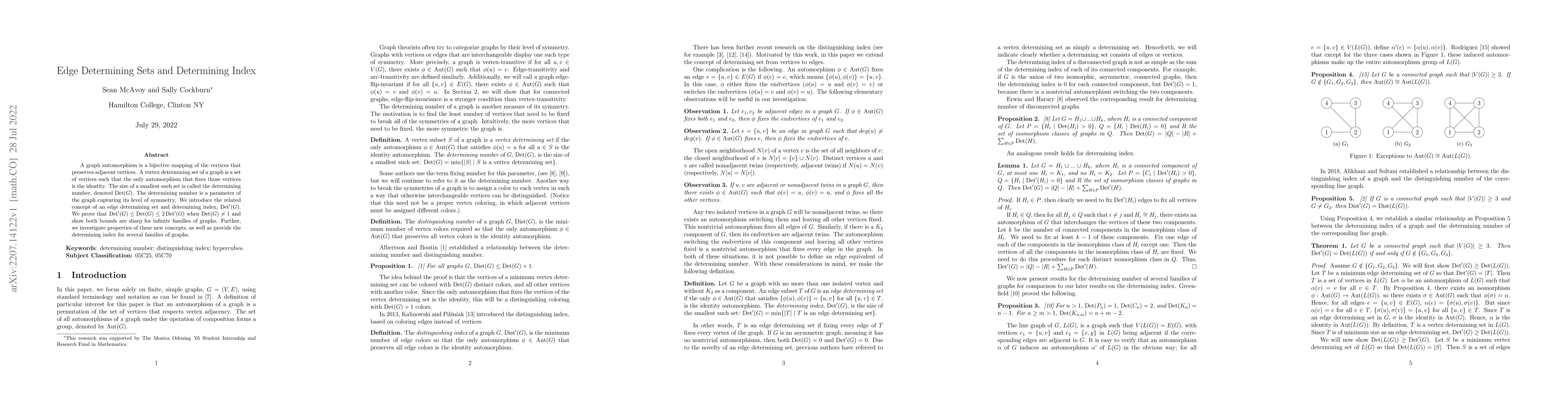 Thumbnail for Edge Determining Sets and Determining Index