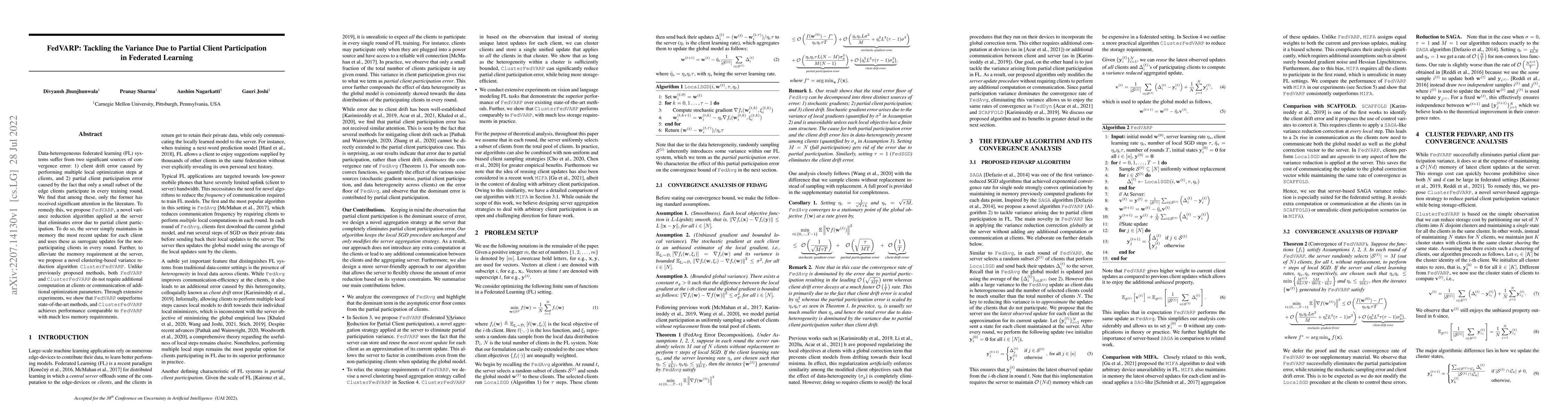 Thumbnail for FedVARP: Tackling the Variance Due to Partial Client Participation in
  Federated Learning
