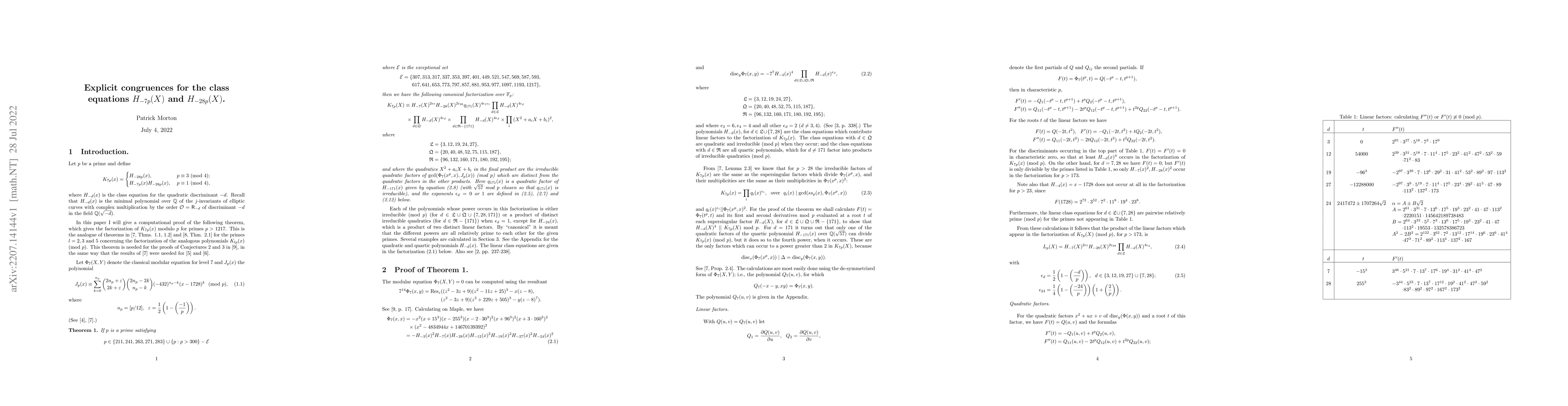 Thumbnail for Explicit congruences for the class equations $H_{-7p}(X)$ and
  $H_{-28p}(X)$