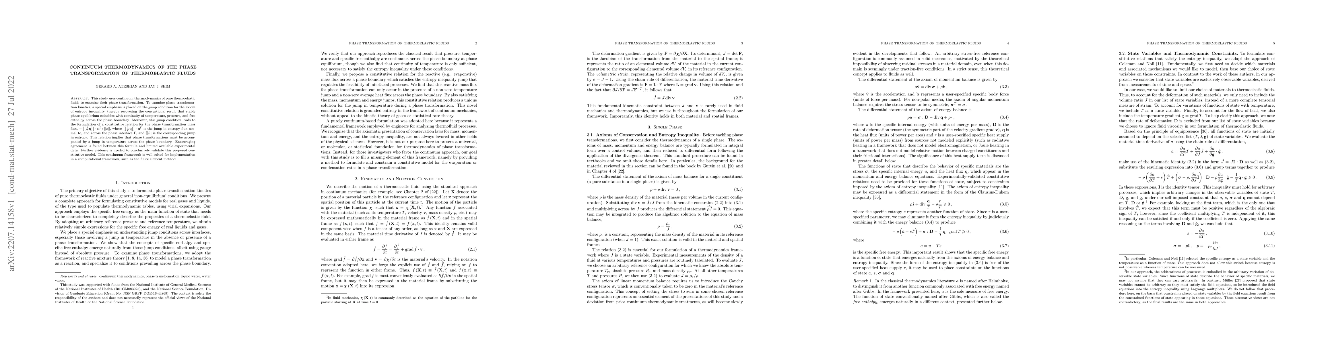 Thumbnail for Continuum Thermodynamics of the Phase Transformation of Thermoelastic
  Fluids