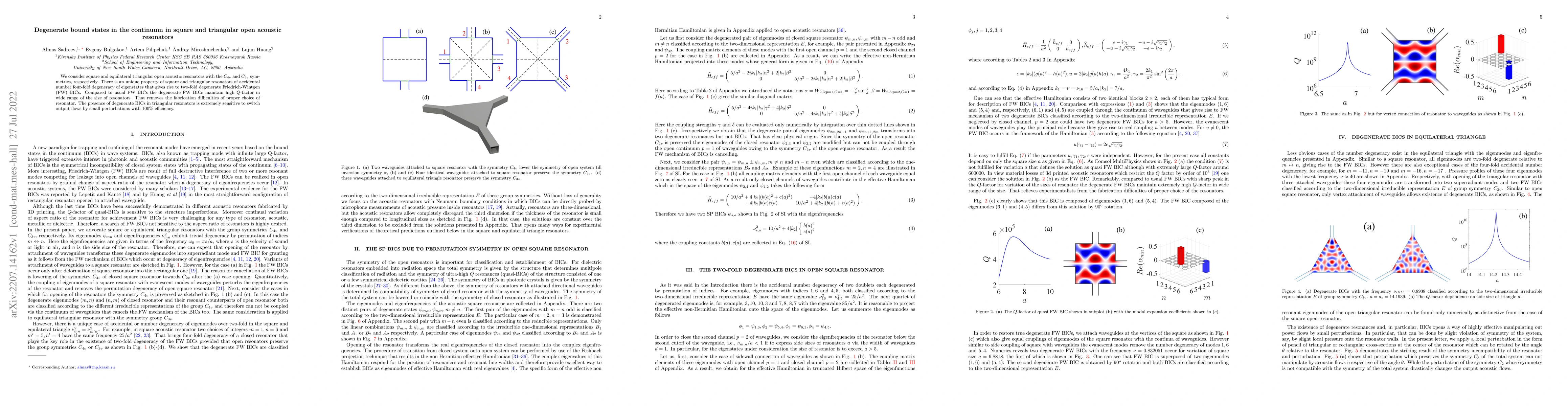 Thumbnail for Degenerate bound states in the continuum in square and triangular open
  acoustic resonators