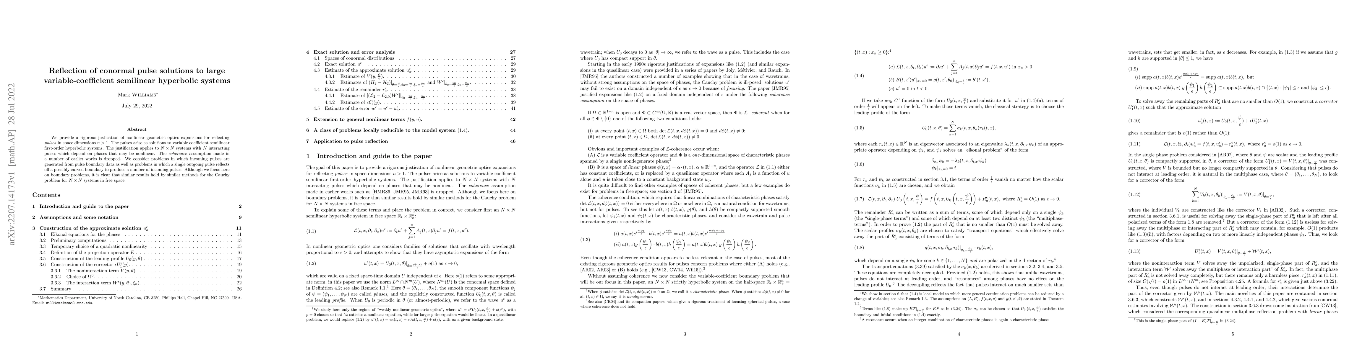 Thumbnail for Reflection of conormal pulse solutions to large variable-coefficient
  semilinear hyperbolic systems