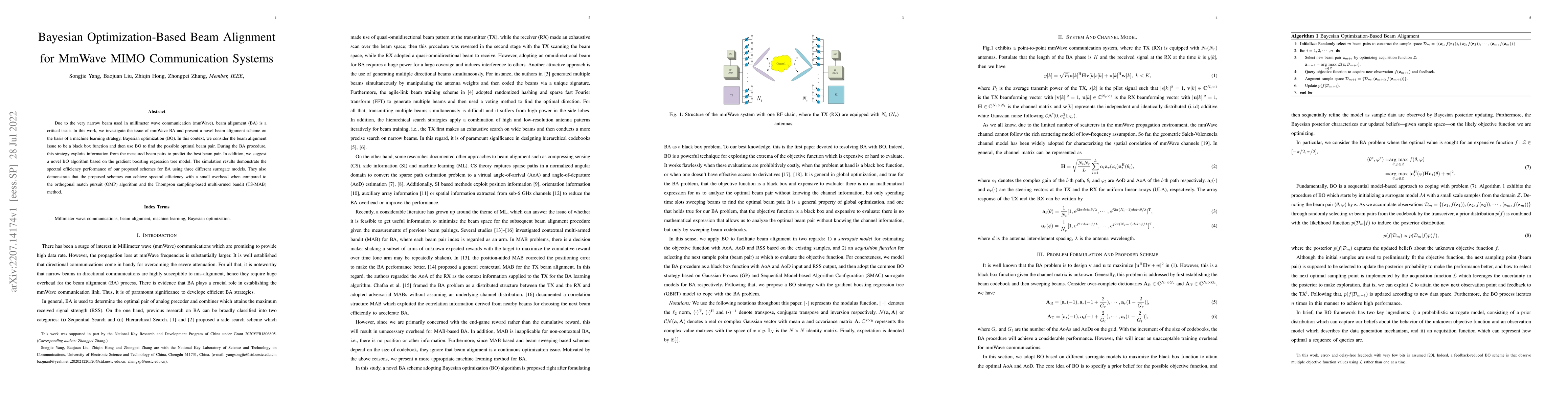 Thumbnail for Bayesian Optimization-Based Beam Alignment for MmWave MIMO Communication
  Systems