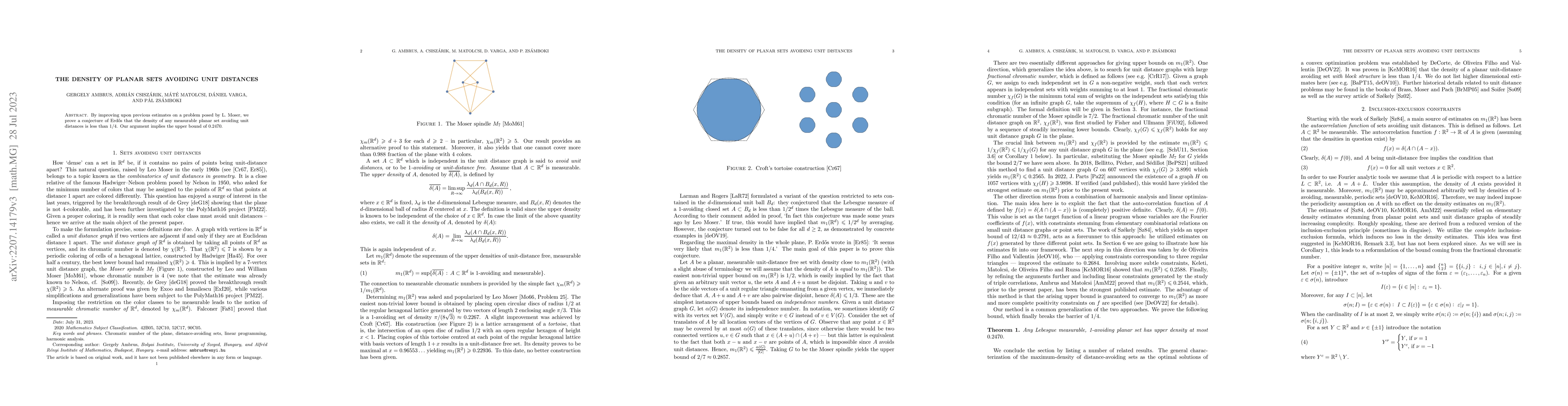Thumbnail for The density of planar sets avoiding unit distances
