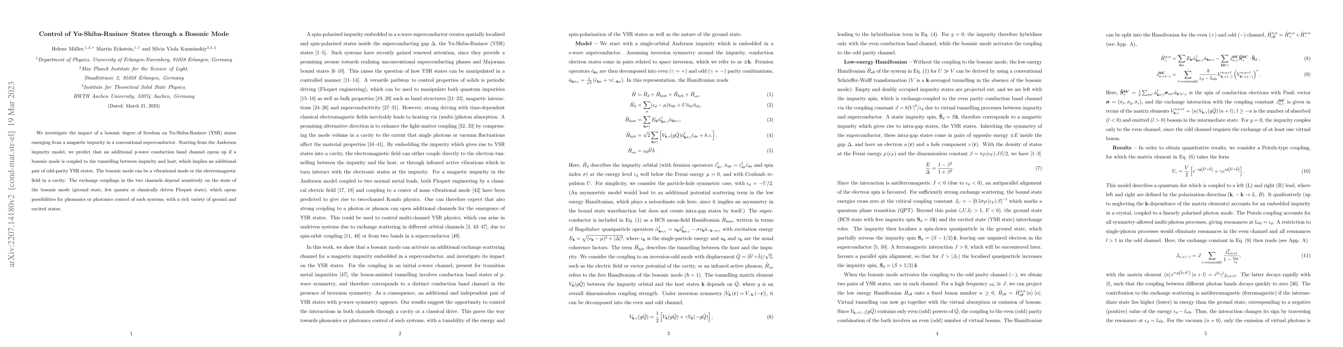 Thumbnail for Control of Yu-Shiba-Rusinov States through a Bosonic Mode