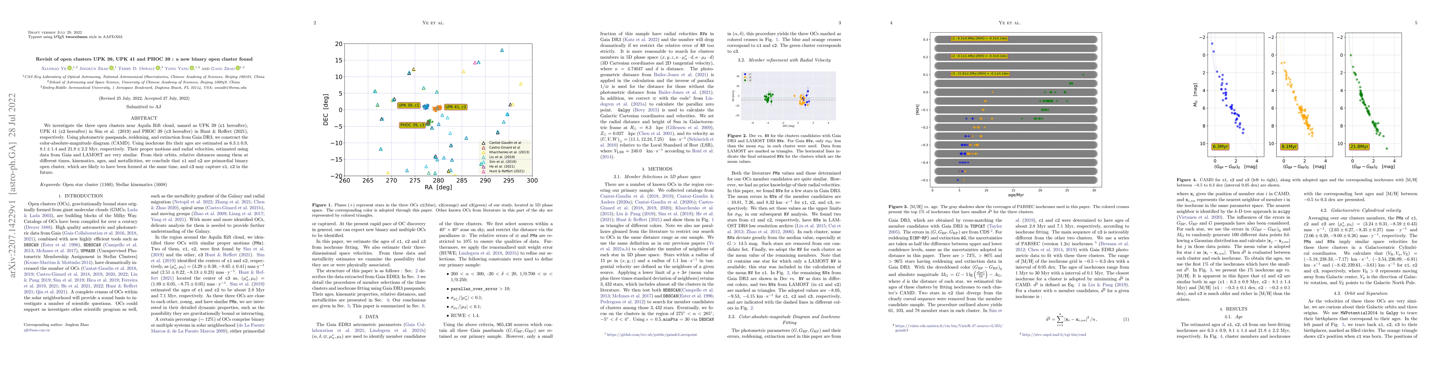 Thumbnail for Revisit of open clusters UPK 39, UPK 41 and PHOC 39 : a new binary open
  cluster found